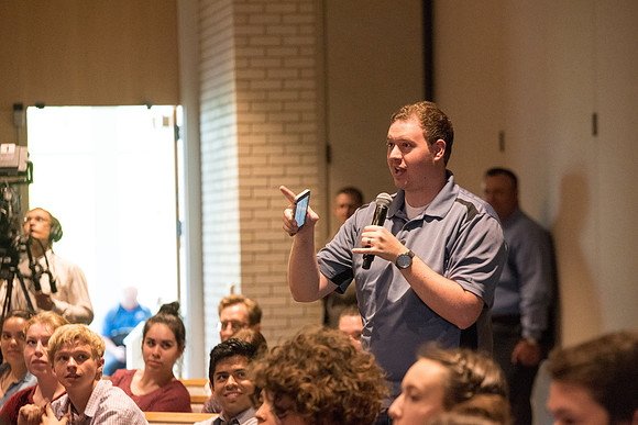 Student from the audience ask questions about Academic Planning to President and Sister Eyring.