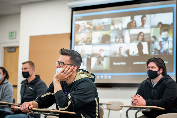 BYUI classes in the religion department meeting during Covid-19 with masks and social distanced seating.