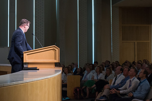 President Gilbert speaking at the Online Learning Teaching Conference in the Taylor Chapel.