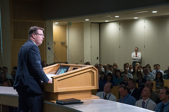 President Gilbert speaking at the Online Learning Teaching Conference in the Taylor Chapel.