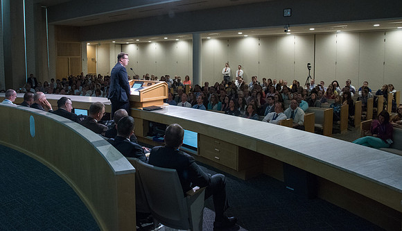 President Gilbert speaking at the Online Learning Teaching Conference in the Taylor Chapel.