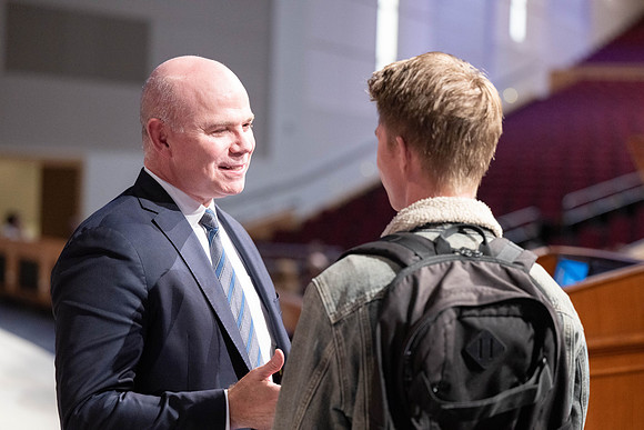 First devotional of the semester with President Alvin F. Meredith and his wife.