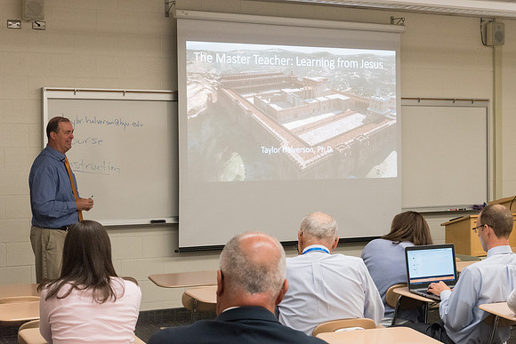 Taylor Halverson teaches "The Master Teacher: Learning from Jesus" in the Taylor Building.
