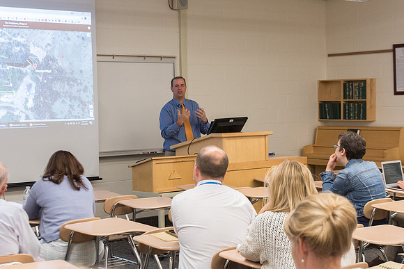 Taylor Halverson teaches "The Master Teacher: Learning from Jesus" in the Taylor Building.
