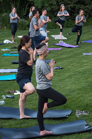 Students participate in the Yogathon activity in the Ricks Gardens on the BYU-Idaho Campus.