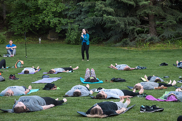Students participate in the Yogathon activity in the Ricks Gardens on the BYU-Idaho Campus.