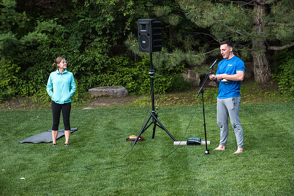 Students participate in the Yogathon activity in the Ricks Gardens on the BYU-Idaho Campus.