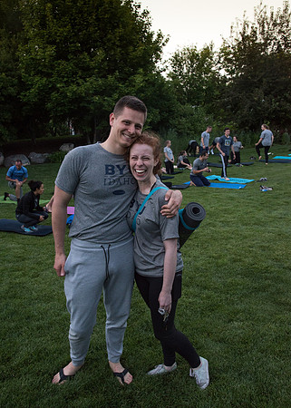 Students participate in the Yogathon activity in the Ricks Gardens on the BYU-Idaho Campus.