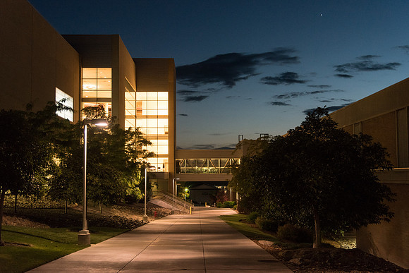 The I-Center and the Hart Building with the first Summer Sunset of the year.