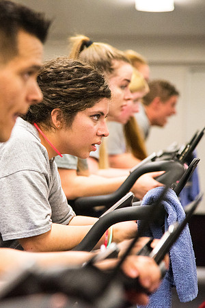 Students attend Cosmic Cycling Class at the Hart building.