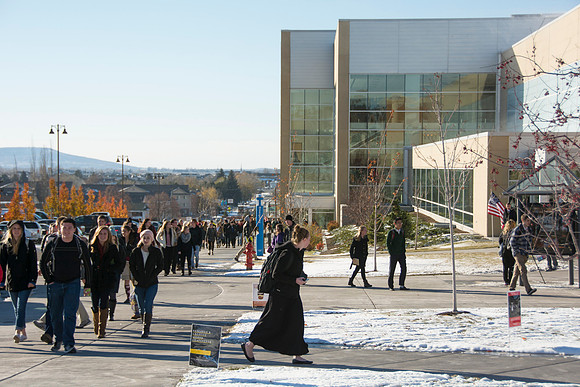 Student's walk to and from Devotional after the first snow fall of the semester.