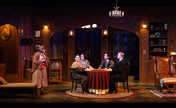 Drama dress rehearsal for the Blithe Spirit play in the Snow theater.