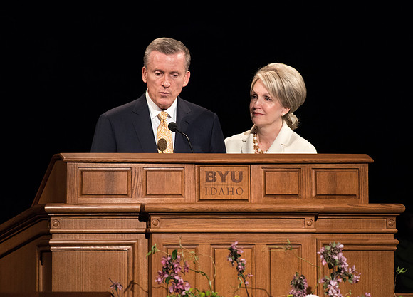 Elder Kevin Duncan, and his wife Nancy, address students at a BYU-Idaho Devotional in Spring 2019.