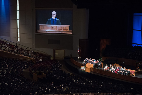 President Henry J. Eyring welcomes everyone to Commencement Services in the BYUI-Center.