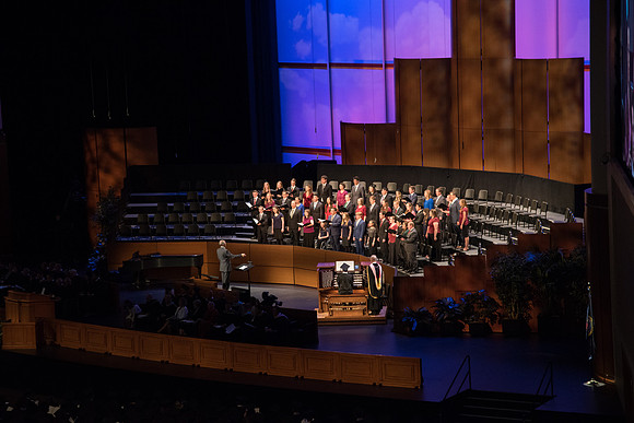 Collegiate Choir sings "Let Zion in Her Beauty Rise" for Commencement Services in the BYUI-Center.