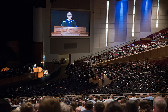 President Henry J. Eyring speaks at Commencement Services in the BYU-Idaho Center.
