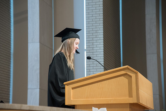 Katelyn Hartley, Family and Consumer Sciences graduate speaks at the Convocation of the Home and Family in the Taylor Chapel.