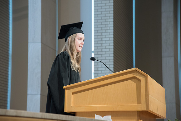 Katelyn Hartley, Family and Consumer Sciences graduate speaks at the Convocation of the Home and Family in the Taylor Chapel.