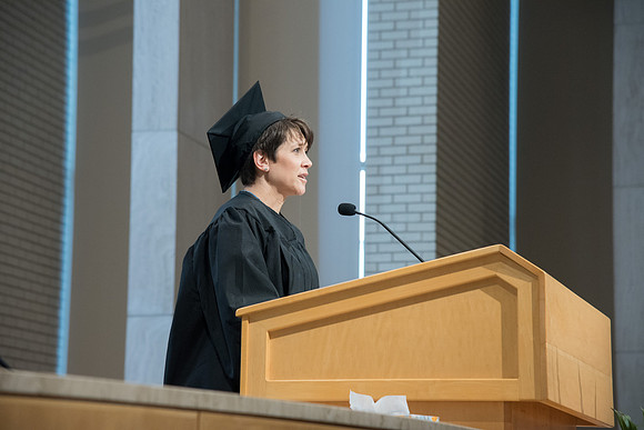 Darla Jones, Marriage and Family Studies graduate speaks at the Convocation of the Home and Family in the Taylor Chapel.