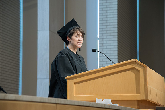 Darla Jones, Marriage and Family Studies graduate speaks at the Convocation of the Home and Family in the Taylor Chapel.