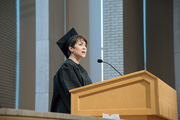 Darla Jones, Marriage and Family Studies graduate speaks at the Convocation of the Home and Family in the Taylor Chapel.