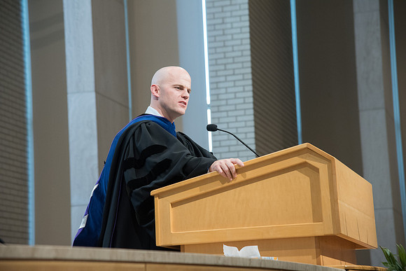 Derrel J. Higgins, Department of Family chair speaks at the Convocation of the Home and Family in the Taylor Chapel.