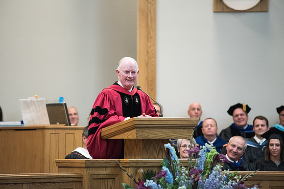 Elder Kim B. Clark, General Authority Seventy and Commissioner of the Church Educational System gives his remarks at Convocation of the Sociology and Social Work/Psychology in the Hinckley Chapel. Jul