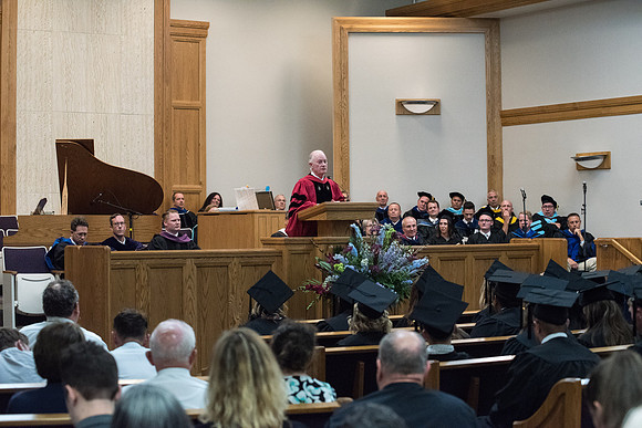 Elder Kim B. Clark, General Authority Seventy and Commissioner of the Church Educational System gives his remarks at Convocation of the Sociology and Social Work/Psychology in the Hinckley Chapel. Jul