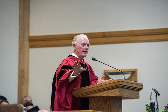 Elder Kim B. Clark, General Authority Seventy and Commissioner of the Church Educational System gives his remarks at Convocation of the Sociology and Social Work/Psychology in the Hinckley Chapel. Jul