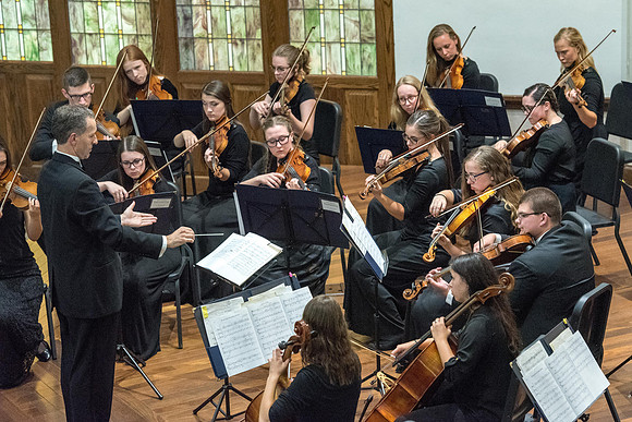 BYU-Idaho Orchestra made up of 24 talented musicians tours the Great Lakes region under direction of Dr. Dallin Hansen. Concert in Rockford, Illinois at the Mendelsohn Performing Arts Center.