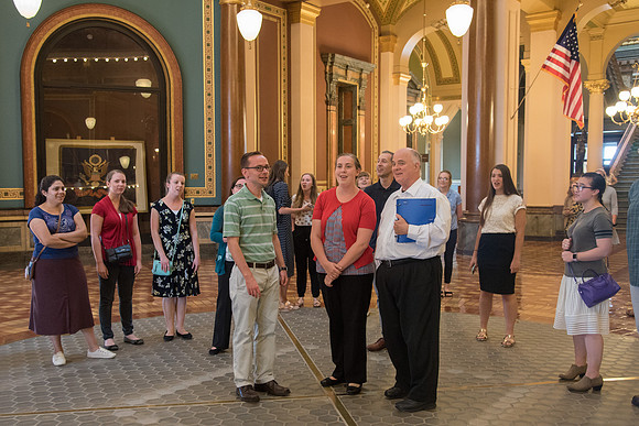 BYU-Idaho Orchestra made up of 24 talented musicians tours the Great Lakes region under direction of Dr. Dallin Hansen. Tour of Iowa State Capitol Building in Des Moines, IA.