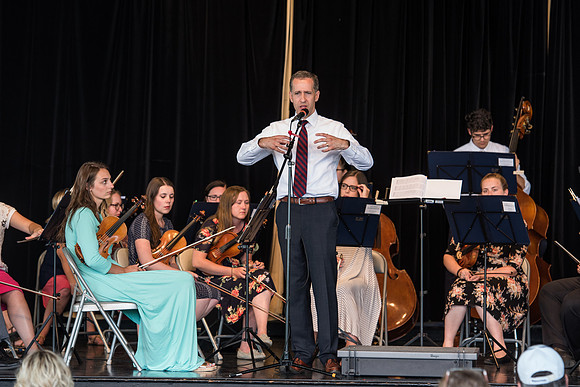 BYU-Idaho Orchestra made up of 24 talented musicians tours the Great Lakes region under direction of Dr. Dallin Hansen. Concert at Como Park in St Paul Minnesota.