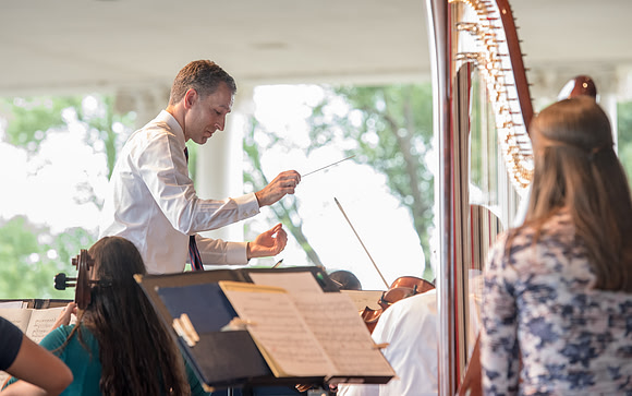 BYU-Idaho Orchestra made up of 24 talented musicians tours the Great Lakes region under direction of Dr. Dallin Hansen. Concert at Como Park in St Paul Minnesota.