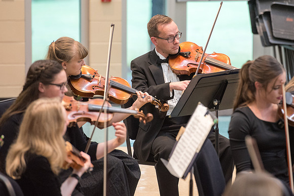 BYU-Idaho Orchestra made up of 24 talented musicians tours the Great Lakes region under direction of Dr. Dallin Hansen. Concert at University Wisconsin, Marshfield.