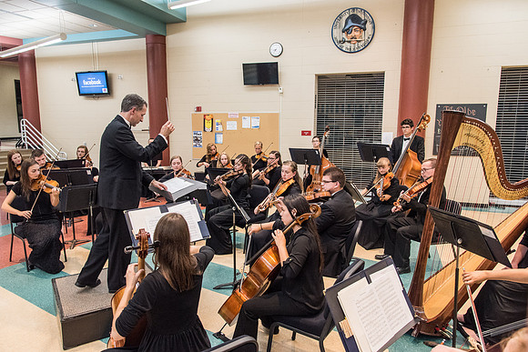 BYU-Idaho Orchestra made up of 24 talented musicians tours the Great Lakes region under direction of Dr. Dallin Hansen. Concert at University Wisconsin, Marshfield.