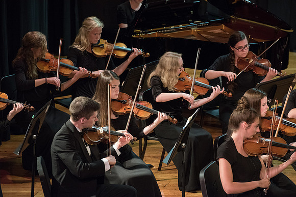 BYU-Idaho Orchestra made up of 24 talented musicians tours the Great Lakes region under direction of Dr. Dallin Hansen. Concert at Algoma Pefrorming Arts Center in Algoma, Wisconsin.
