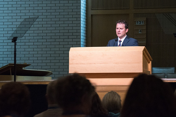 Jonathon Lawrence, University Relations Creative Services Manager teaches "The Oath and Covenant of the Priesthood and Why it Matters" in the Taylor Chapel.