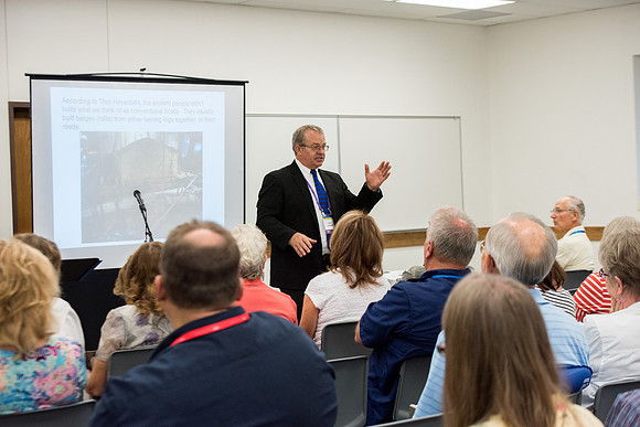 Presenter Daris Howard teaches "Scholarly Research Insights into the Lives of the People of the Book of Mormon: Jaredites" in the Benson building.