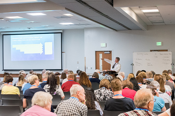 Presenter Bruce Satterfield teaches "The Overall Objective of God's Eternal Plan: What Scripture Tells Us of the Celestial Glory and Kingdom" in the Science and Technology Center.