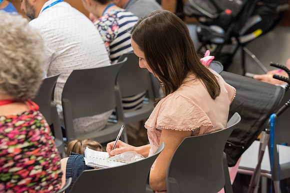 Presenter Bruce Satterfield teaches "The Overall Objective of God's Eternal Plan: What Scripture Tells Us of the Celestial Glory and Kingdom" in the Science and Technology Center.