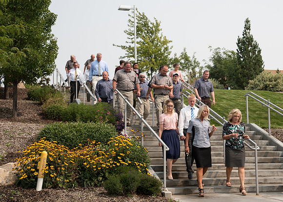 Students and Employees after devotional outside of the Manwaring Center.