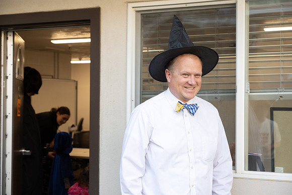 Online Learning and Teaching employees enjoy some Halloween fun at Lamprecht Hall courtyard.