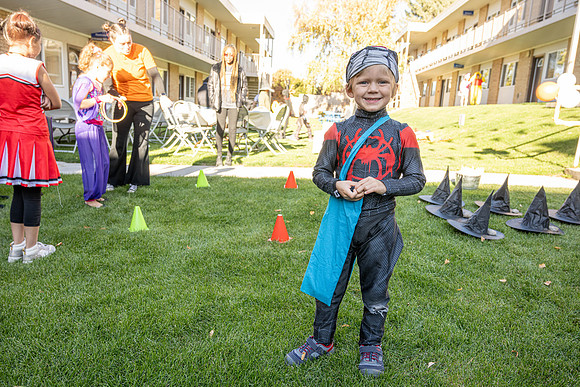 Online Learning and Teaching employees enjoy some Halloween fun at Lamprecht Hall courtyard.