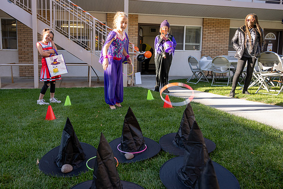 Online Learning and Teaching employees enjoy some Halloween fun at Lamprecht Hall courtyard.