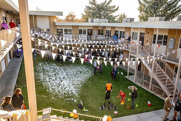 Online Learning and Teaching employees enjoy some Halloween fun at Lamprecht Hall courtyard.