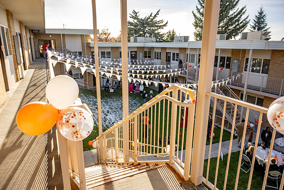 Online Learning and Teaching employees enjoy some Halloween fun at Lamprecht Hall courtyard.