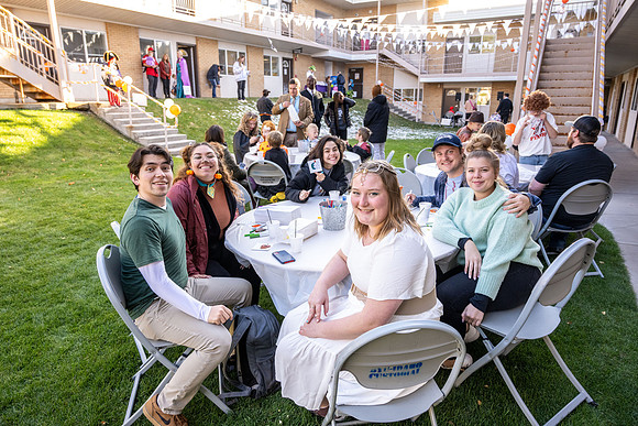 Online Learning and Teaching employees enjoy some Halloween fun at Lamprecht Hall courtyard.