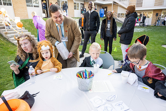 Online Learning and Teaching employees enjoy some Halloween fun at Lamprecht Hall courtyard.