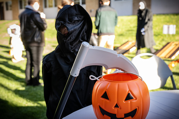 Online Learning and Teaching employees enjoy some Halloween fun at Lamprecht Hall courtyard.