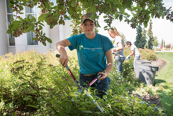 Student employees working on campus with the BYU-Idaho Grounds Crew. September 2018